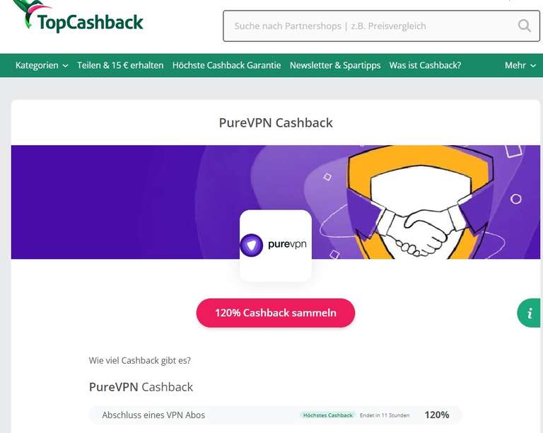 [TopCashback] PureVPN - Freebie mit Gewinn (120% Cashback) - nur heute