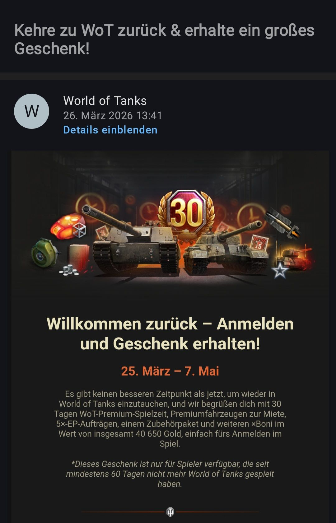 World of Tanks 30 Tage Premium, 5× EP Aufträge, Zubehörpaket uvm. für alle Spieler die seit 60 Tagen inaktiv waren (personalisiert)