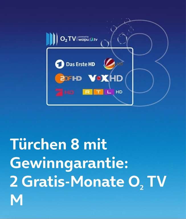 ( O2 Kunden ) Zwei gratis Monate O2 TV M powered by waipu im Adventskalender Türchen 8