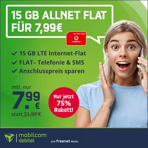 [Vodafone-Netz] 15 GB green LTE Tarif für 7,99€ / Monat von mobilcom-debitel mit VoLTE, WLAN Call & Allnet- & SMS-Flat + 0€ AP durch SMS