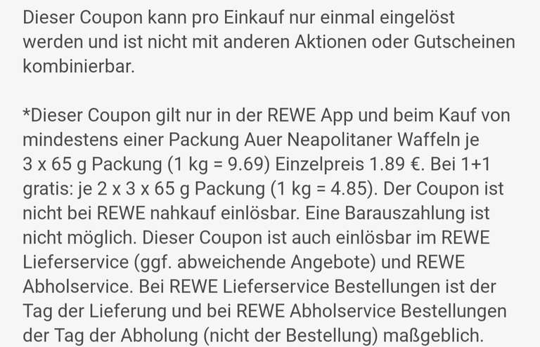 [Rewe App] 1x Auer Neapolitaner Waffeln 3 × 65g Packung kaufen + 1 Packung GRATIS