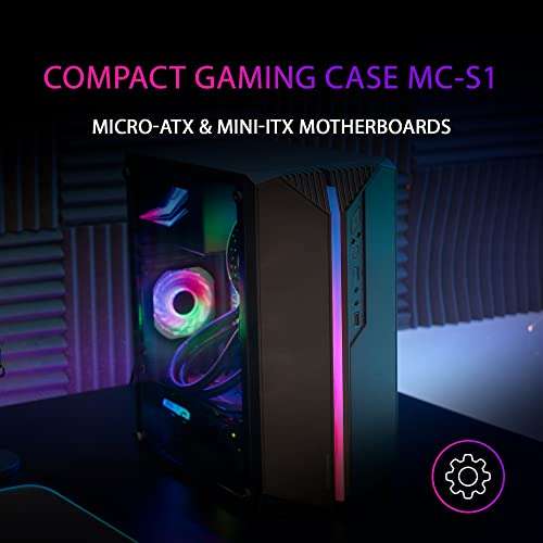 MarsGaming MC-S1 Schwarz, Kompaktes Micro-ATX Gaming PC Gehäuse, ARGB Beleuchtung 12 Modi, FRGB Lüfter, Full Side Window, MCS1