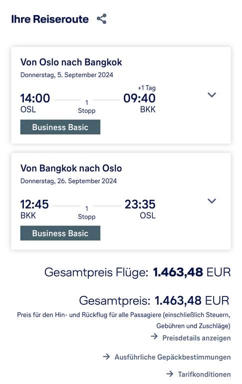 Lufthansa Group Swiss Business Class: Oslo - Bangkok / Phuket inkl. Rückflug = 1.460 Euro, September