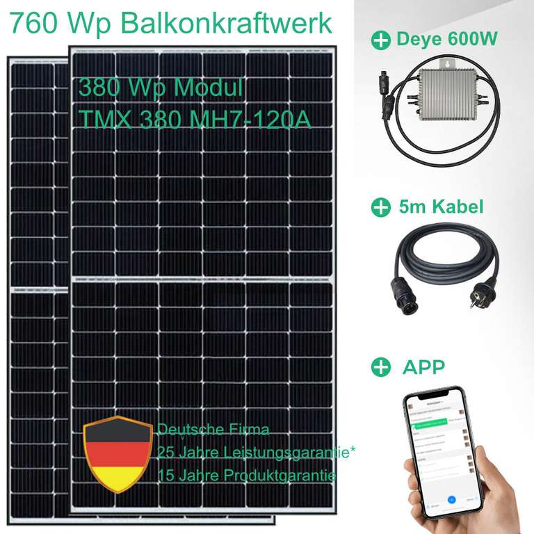 [Abholung 69469 Weinheim] Balkonkraftwerk Komplettset 2X 380W TRIMAX BLACK FRAME Solarmodule, 1X 600W Wechselrichter DEYE