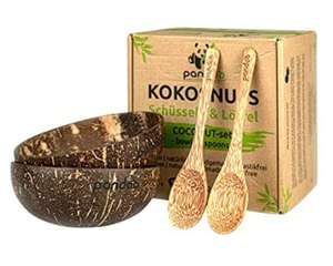 pandoo Kokosnuss Schalen 2er Set mit Löffeln | 100% Naturprodukt - Handgefertigt mit Kokosöl poliert [personalisiert]