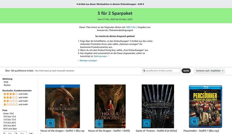 HBO 3 für 2 Sparpaket (Amazon) bis 05.03.2023 - Titel wie Game of Thrones, House of the Dragon - Staffel 1-3 ballers für 27,98 €