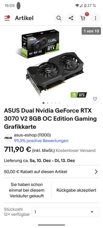 ASUS Dual Nvidia GeForce RTX 3070 V2 8GB OC Edition Gaming Grafikkarte