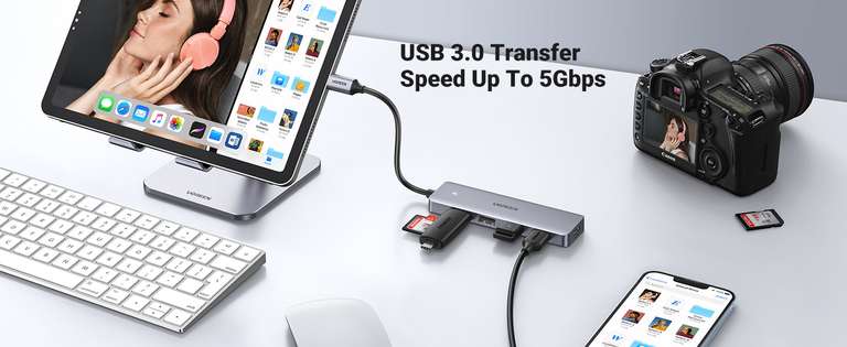 Ugreen 4 in 1 Hub USB-C auf 4x USB (A) 3.0, Anschlussmöglichkeit für externes Netzteil