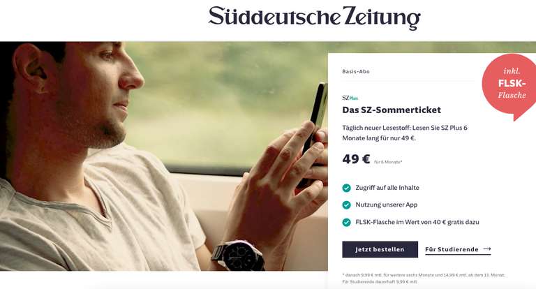 Süddeutsche Zeitung SZ Plus Basis Halbjahresabo + FLSK Isolierflasche für 49,- €