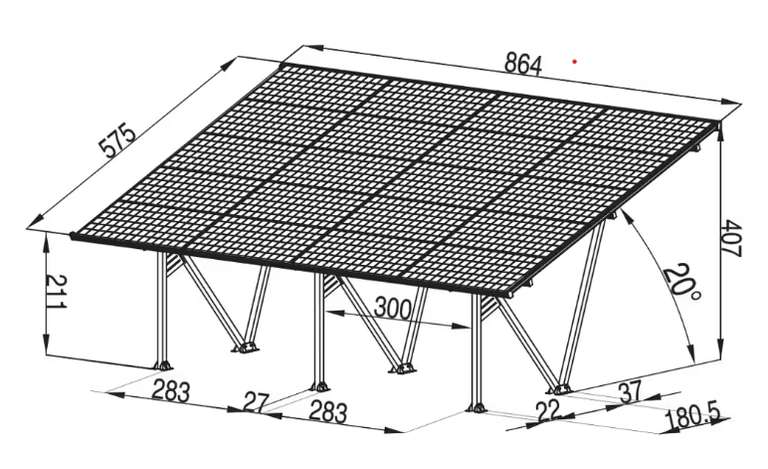 Photovoltaik Doppel Carport 8,6 kWp - inkl. 20x Glas/Glas, Bifaziale, Full Black 430 Wp Module und Regenrinne