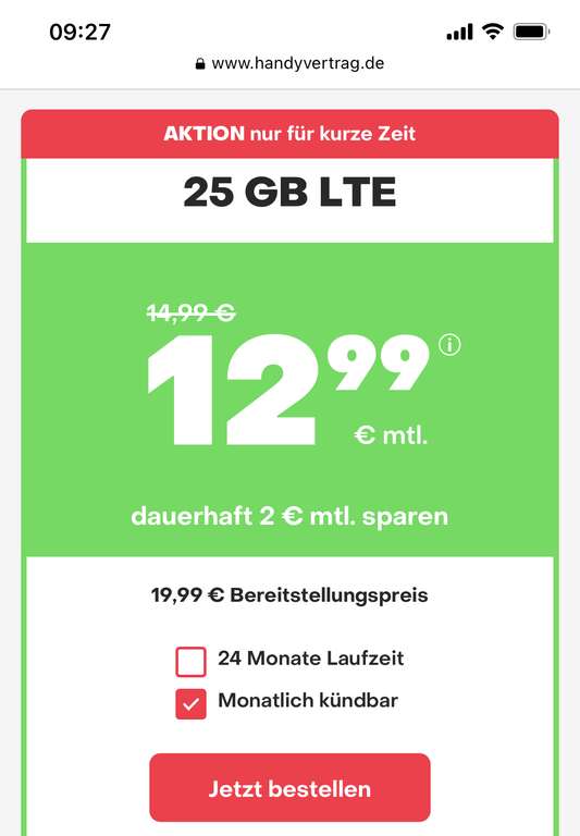 Telefonica Netz - 25GB LTE Datenvolumen Flat für 12,99€ monatlich (50 Mbit/s) | + Cashback