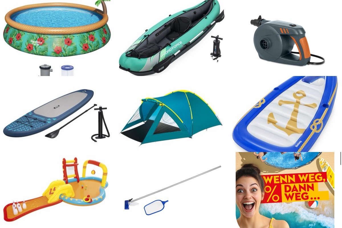 [BestwayStore] Saisonausverkauf: Wasserspielcenter (4,35m) 17,90 €, SUP-Set 129,95 €, 3-Pers.-Zelt 34,90 € uvm. (Vsk-frei ab 49 €)