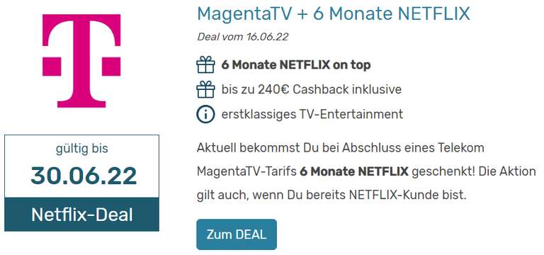 [Telekom Netflix Aktion über preisvergleich.de] 240€ Cashback + 47,94 € Netflix-Prämie auf DSL+Festnetz+TV Tarife