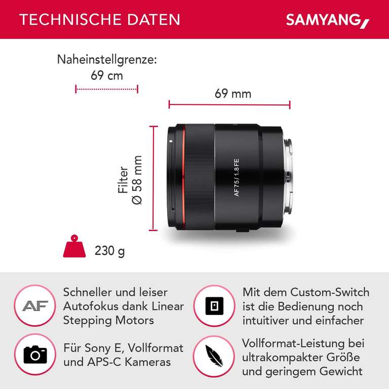Samyang AF 75mm F1.8 Portraitobjektiv für Sony E-Mount