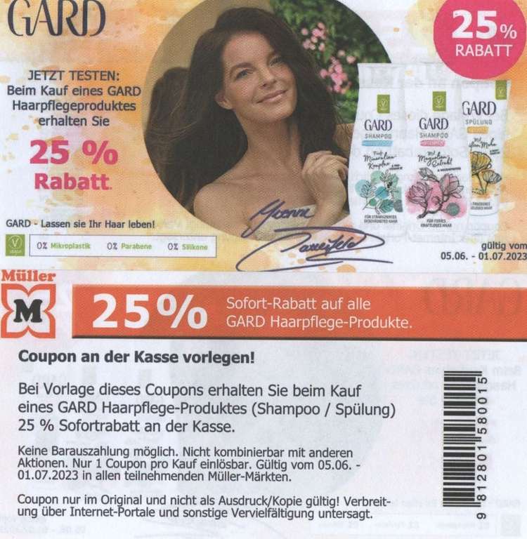 [Müller] 25% Rabatt für den Kauf eines GARD Haarpflegeproduktes nach Wahl bis 01.07.2023