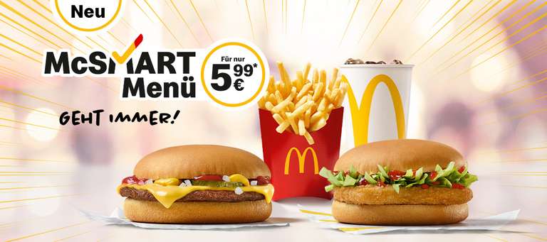 McSmart Menü (2 Burger aus Cheese- und Chickenburger, eine mittlere Pommes und einen 0,4 l Softdrink nach Wahl) [McDonalds]