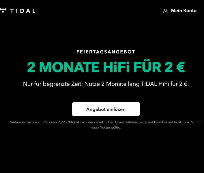 [Für neue Nutzer] Tidal - 2 Monate HiFi für 2 €