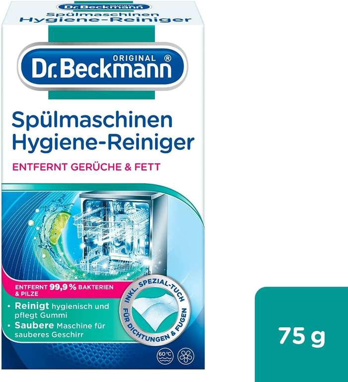Dr. Beckmann Spülmaschinen Hygiene-Reiniger | entfernt Rückstände, Fett und unangenehme Gerüche | + Spezial-Reinigungs-Tuch | 75 g (Prime)