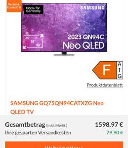 Samsung GQ75QN94CATXZG NeoQLED TV (75 Zoll (189 cm), + 2,5 % Topcashback eff. 1558,- 100 Hz EXPERT KITZINGEN