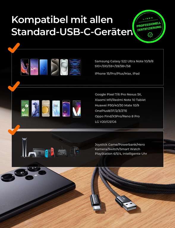 (Prime/Packstation) LISEN USB C-Kabel, 4 Stück, 3.2A Schnellladekabel [0.5M+1M+2M+2M] aus Nylon