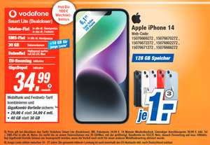 Lokal, Vodafone Netz GigaKombi: Apple iPhone 14 alle Farben im Allnet/SMS Flat 40GB 5G für 29,99€/Monat, ab 1€ Zuzahlung, 100€ Wechselbonus