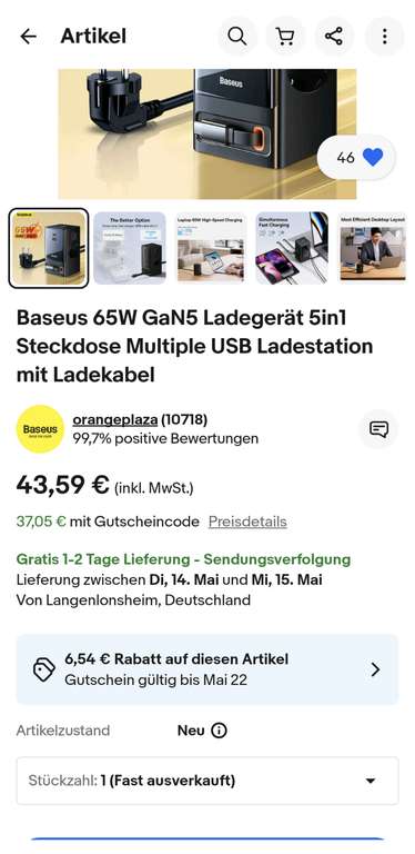 Baseus 65W GaN5 Ladegerät Steckdose Multiple USB Ladestation mit Ladekabel