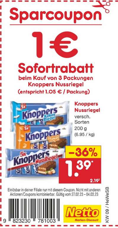Knoppers Nussriegel (3 Packungen a 200g) mit 1 Euro Sofortrabatt für 3,17 Euro [Netto Marken-Discount]