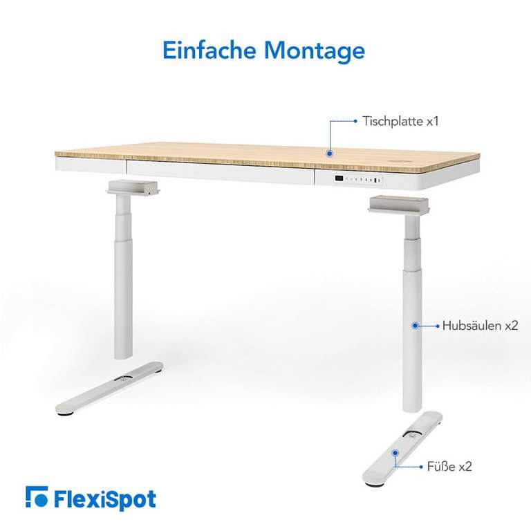[Flexispot] Höhenverstellbarer Schreibtisch Q8 mit Bambus-Tischplatte (140×70cm, Traglast 100kg)