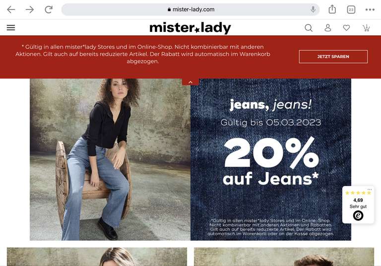 Mister * Lady Jeans 20% auf Alles [LOKAL] und 20% auf Jeans, 20% zusätzlich im Sale