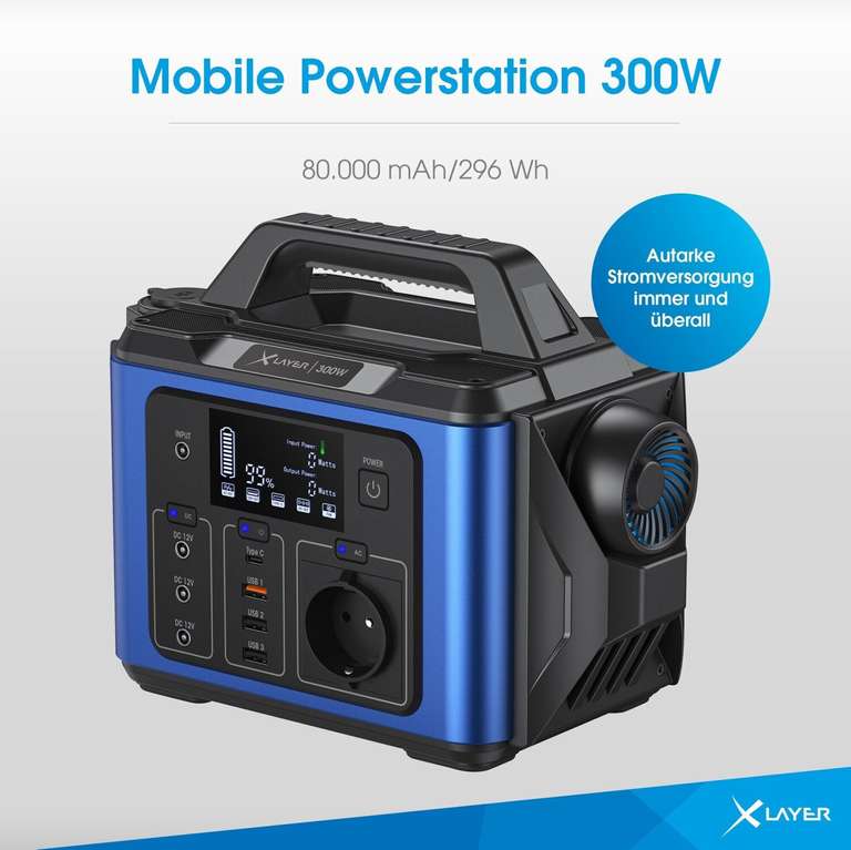XLayer Mobile Powerstation 300W (296Wh, Li-Po, Schuko 230V, USB-C PD 45W, 3x USB-A, 3x 12V DC, Display, Lampe)