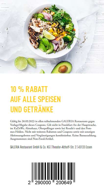 [Bundesweit] Galeria Restaurant Sommercoupons, z.B. 2 x Frühstück für 10 Euro; 5 Euro Rabatt ab 25 Euro Verzehr