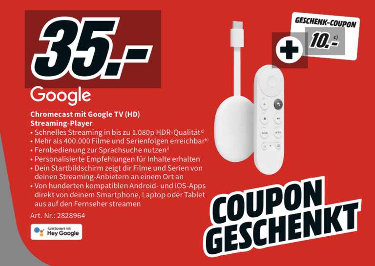 Google Chromecast + 10€ Coupon, GOOGLE Chromecast mit Google TV (HD) Streaming Player Media Markt
