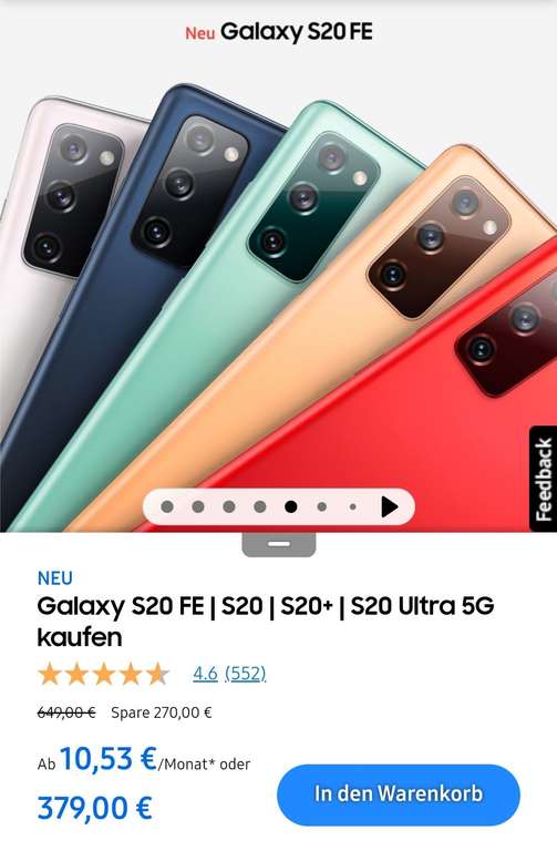 [Samsung Store] Galaxy S20 FE 5G, 128 GB, Snapdragon, alle Farben