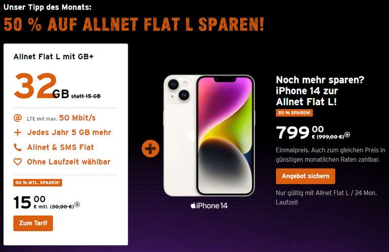 Congstar Partnerkarte - ALLNET FLAT L 32 statt 15GB für 15,-€ monatlich, wahlweise zusätzlich mit iPhone 14