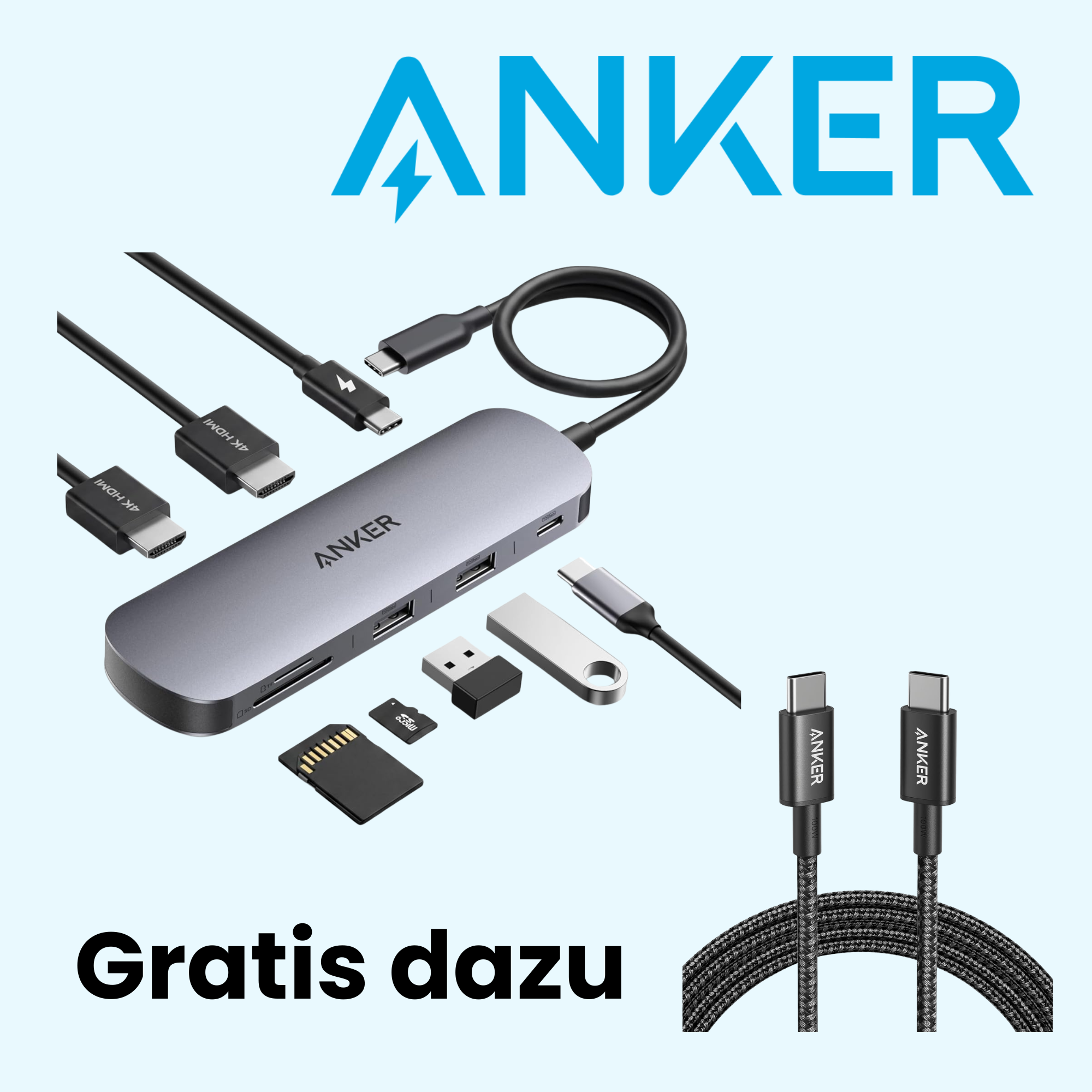 Anker Nano 8-in-1 USB-C Hub + 1,8 m 100W USB-C Ladekabel (A210B) – Dual-Monitor mit 2x HDMI 4K@60Hz, 10 Gbit/s, 85W Pass-Through & SD-Slot