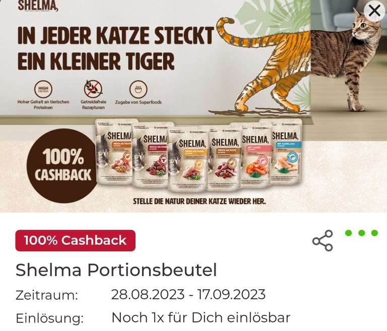 100% Cashback auf Shelma Portionsbeutel Katzenfutter [GzG] | 28.08. -17.09.