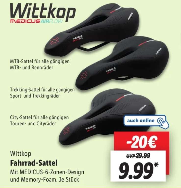 [Lidl Filialen+online] Wittkop Fahrrad-Sattelsortiment City/MTB/Trekking, mit Memory Foam, je 9,99€