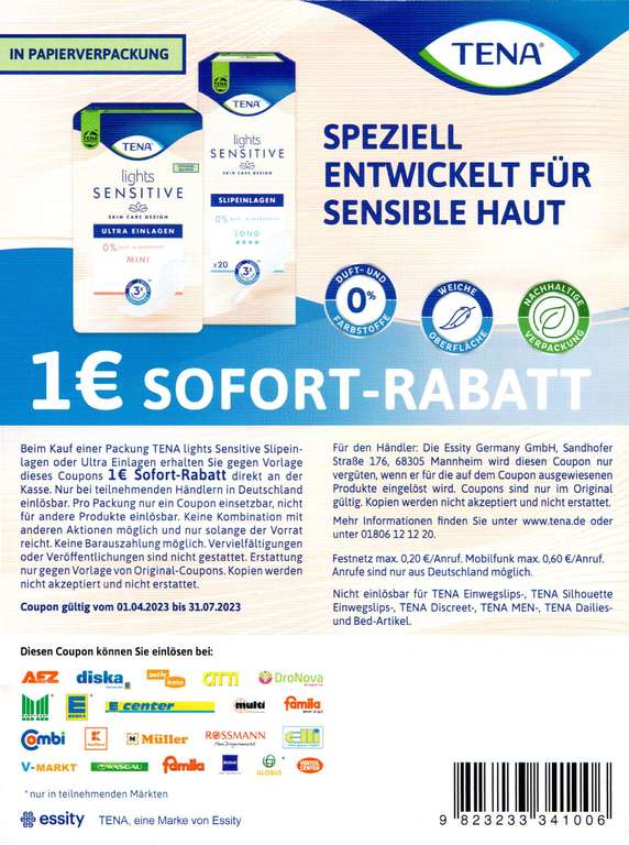 1€ Rabatt Coupon für den Kauf einer Packung TENA lights Sensitive Slipeinlagen oder Ultra Einlagen bis 31.07.2023