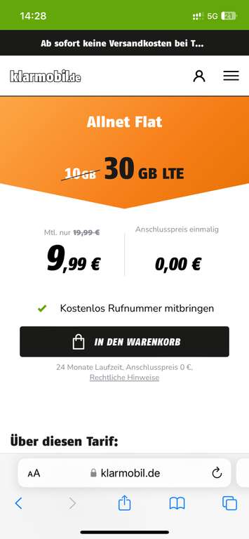 Flat Internet 30 GB mit bis zu 50 Mbit/s (24 Monate Laufzeit) - Vodafone Netz