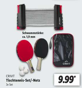 (LIDL) CRIVIT Tischtennis-Set, 2 x TT-Schläger, 3 x TT-Bälle, 1 x Tasche oder 1 TT-Netz für je 9,99