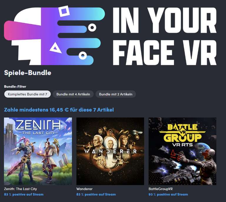 In Your Face VR Humble Bundle Steam Superfly, Vertigo Remastered, RUMBLE, Into the Radius, BattleGroupVR, Wanderer, Zenith: The Last City