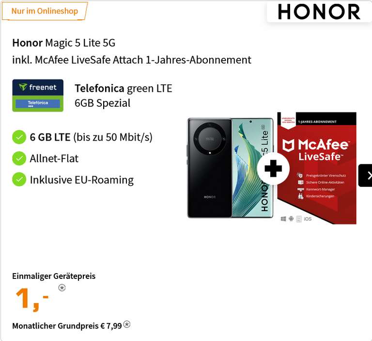 O2 Netz: Honor 90 Lite 256GB / Honor Magic5 Lite 256GB im Allnet/SMS 6GB LTE für 7,99€/Monat, 1€/29€ Zuzahlung