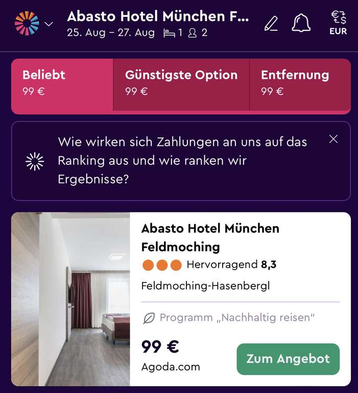 München: Im August im 3* Abasto Hotel München (top bewertet) für nur 49€/Nacht (24,50€ p.P) übernachten (auch WE möglich!)