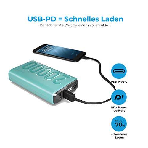 [Prime] RealPower PB-20000PD+ Powerbank Mobiles Ladegerät mit 20000mAh, 2 USB Ports, USB C Ein- Ausgang