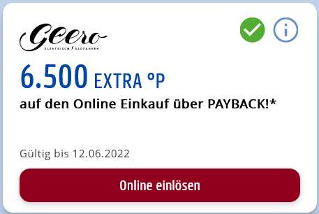 [Payback] Bis zu 58,10€ Gewinn durch 6500 Punkte Coupon (65€ Cashback) ohne MBW bei Geero (personalisiert)
