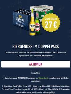 Kasten Corona Extra Lager Bier 20x0,355l + Kasten Beck's Pils 24x0,33l inkl Lieferung für 27€ bei Flaschenpost