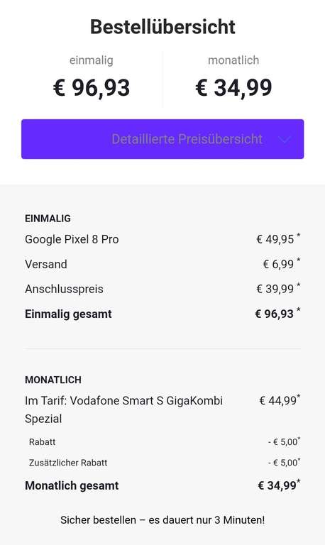 Vodafone + GigaKombi: Pixel 8 Pro 256GB im VF Smart S 65GB 5G 34,99€/M + 49,95€ ZZ inkl. 100€ Wechselbonus / simonly 0,04€/M
