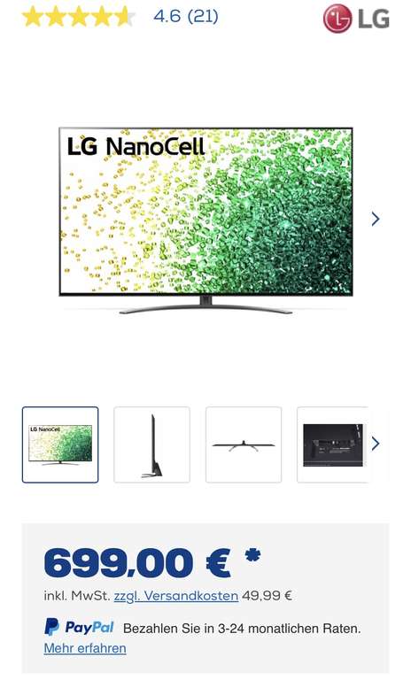 [Euronics Lokal Düsseldorf] LG 65NANO869PA TV 164 cm (65 Zoll) 120 Hz (2021 Modell) Abholung kostenlos o. zzgl. 49,99€ Vers. Aussteller