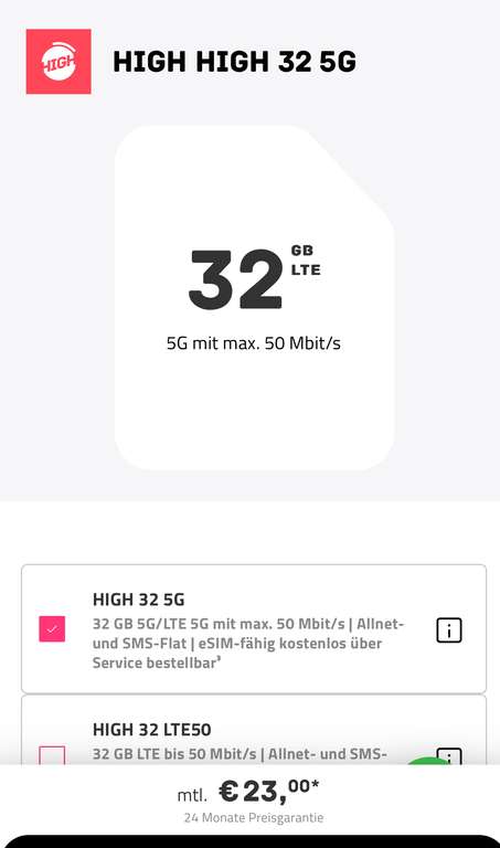 HIGH Mobile 32 GB mit 5G für 23€/ 100€ Bonus für Rufnummermitnahme ohne AG