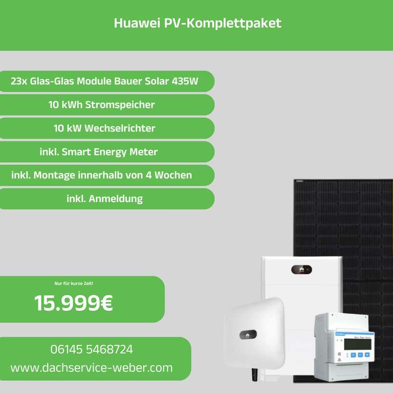 10 kWh Huawei Speicher mit 10 kWp 23x Module Bauer Solar 435 Watt Inkl. Montage und Anmeldung